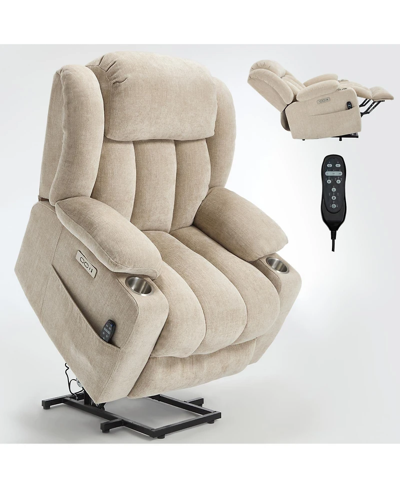 Streamdale Chenille Power Lift Recliner, Massage & Heat, Usb, Cup Holders