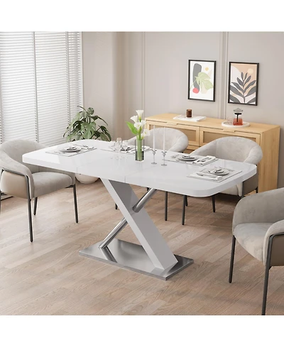 White Extendable Dining Table, Metal Base, 4-6 People