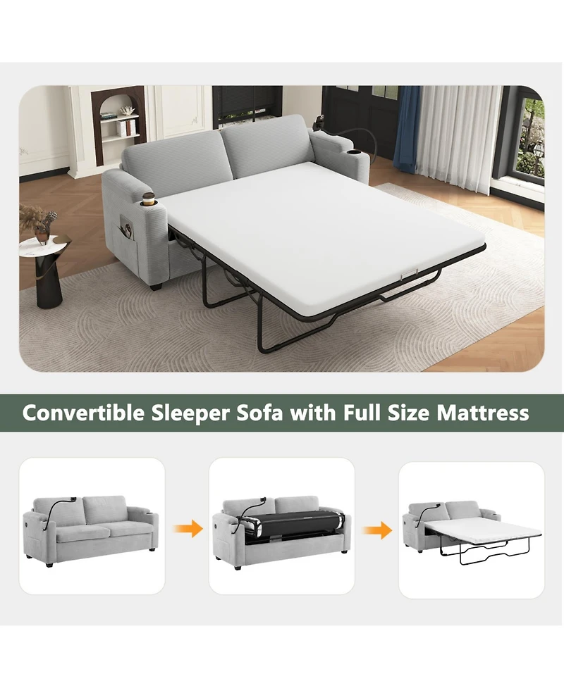 Navy Corduroy Sleeper Sofa with Mattress, Usb Ports & Storage