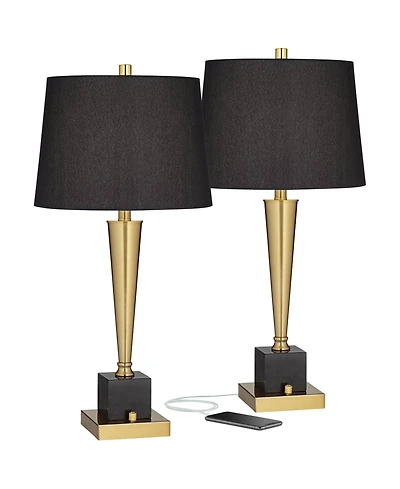 Wayne Modern Table Lamps 29 1/4" Tall Set of 2 with Usb Charging Port Brass Gold Black Tapered Drum Shade for Bedroom Living Room Nightstand Beds