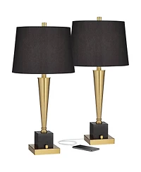 Wayne Modern Table Lamps 29 1/4" Tall Set of 2 with Usb Charging Port Brass Gold Black Tapered Drum Shade for Bedroom Living Room Nightstand Beds