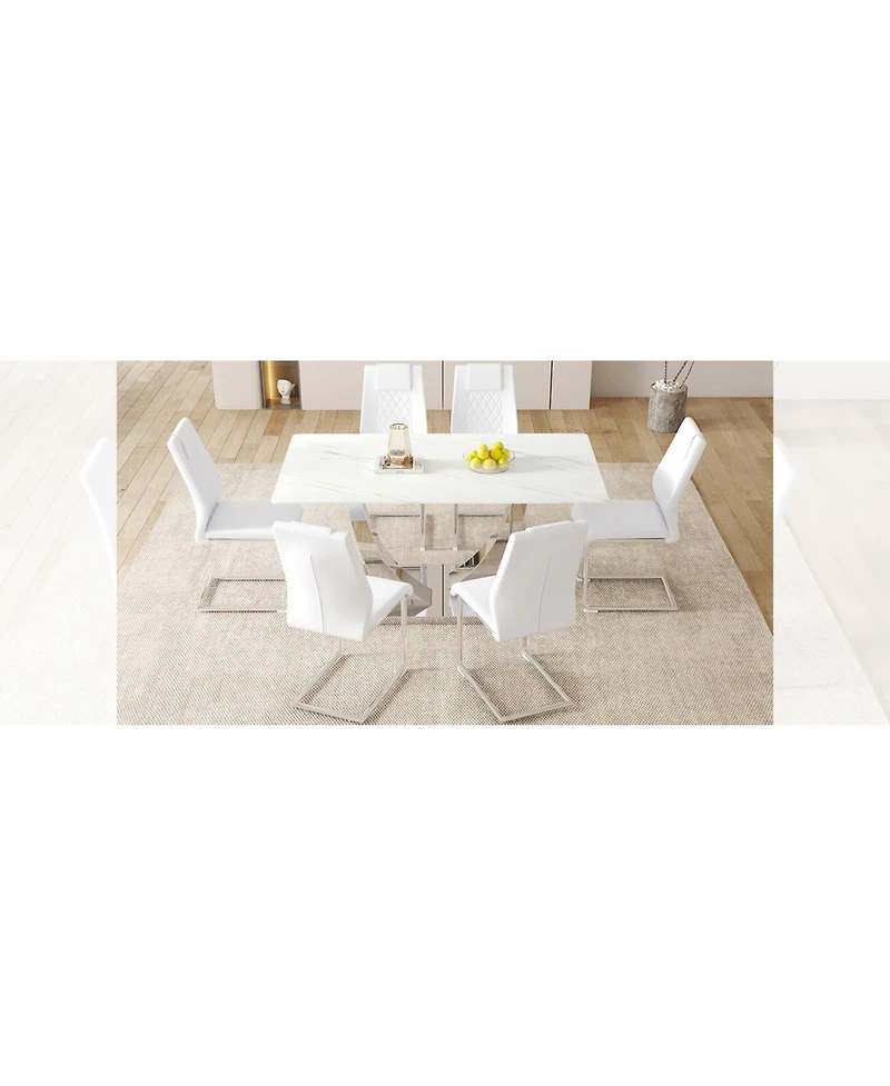 Modern Glass Dining Set: Marble Top Table & 6 White Pu Chairs