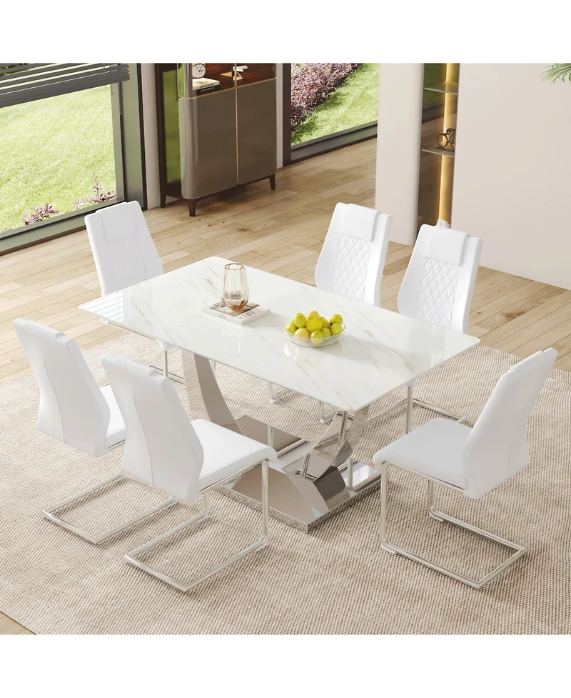 Modern Glass Dining Set: Marble Top Table & 6 White Pu Chairs