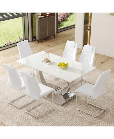Modern Glass Dining Set: Marble Top Table & 6 White Pu Chairs