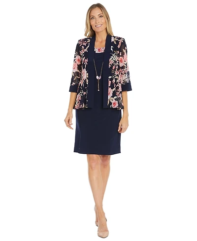 R & M Richards Women's Floral Printed Jacket and Necklace Dress Set