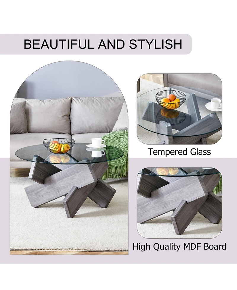 Streamdale 33.4" Round Glass Coffee Table - Grey Patterned Legs