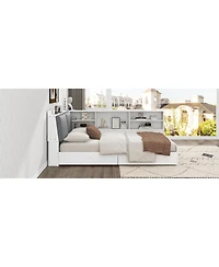 Wood Full Size platform bed with Storage Headboard, Shelves and 2 Drawers, White