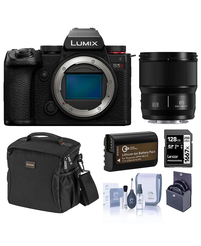 Panasonic Lumix S5II Mirrorless Camera, Black, with Lumix S 85mm f/1.8 Lens, Bundle with 128GB Memory Card, Alpine 160 Shoulder Bag, Extra Battery and