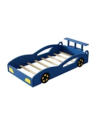 Wooden Race Car Bed,Car-Shaped Platform Twin Bed with Wheels For Teens