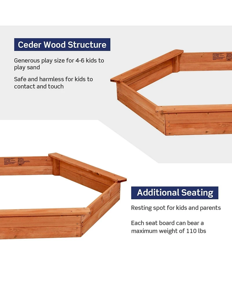 Hexagon Wooden Cedar Sand Box w Seat Boards