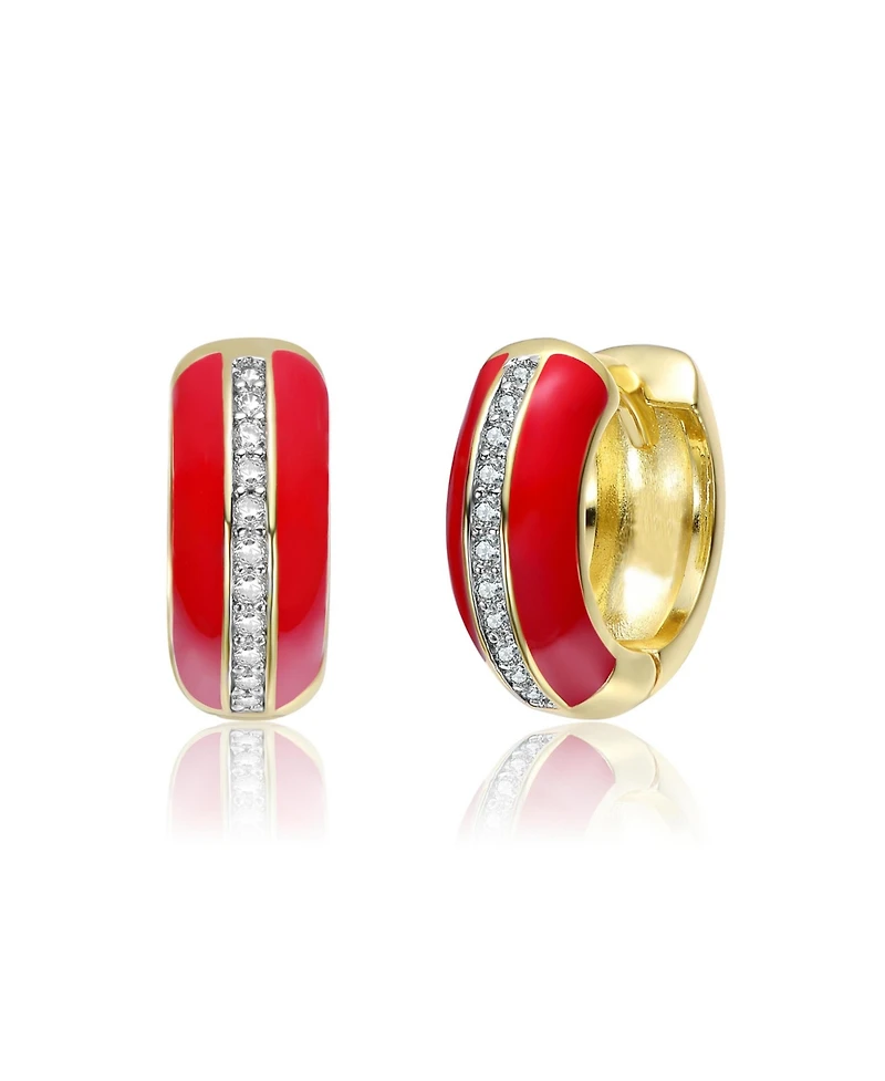 14K Gold Plated with Clear Cubic Zirconia Colored Enamel Hoop Earrings