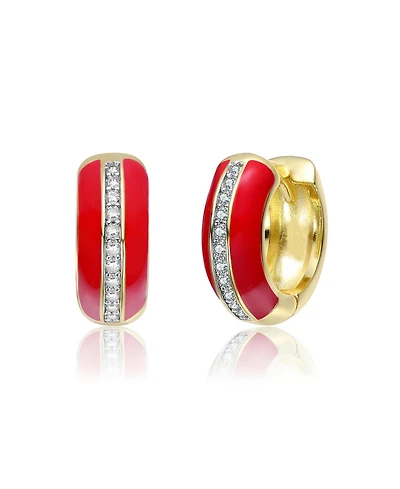 14K Gold Plated with Clear Cubic Zirconia Colored Enamel Hoop Earrings