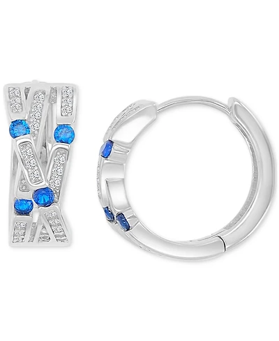 Blue Cubic Zirconia Pave Three-Row Overlapped Huggie Earrings in Sterling Silver