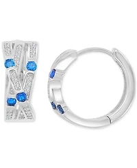 Blue Cubic Zirconia Pave Three-Row Overlapped Huggie Earrings in Sterling Silver