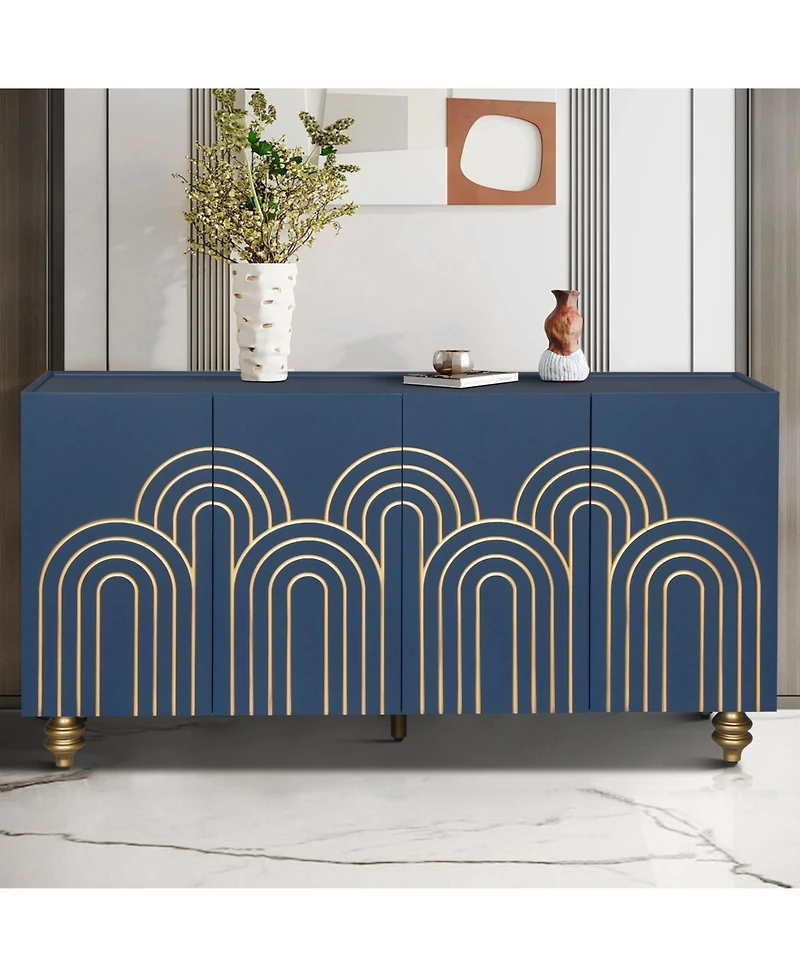 Streamdale Navy Blue Fluted Sideboard Buffet with 4 Doors