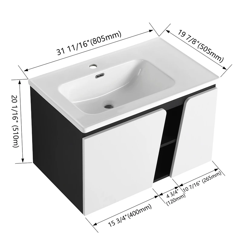 Wall-Mounted Vanity Double Door, Ceramic Basin, Soft-Close Doors, Eco-Friendly