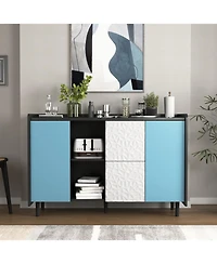 Streamdale Furniture Black Buffet Cabinet with Blue Doors, Unique Paneling