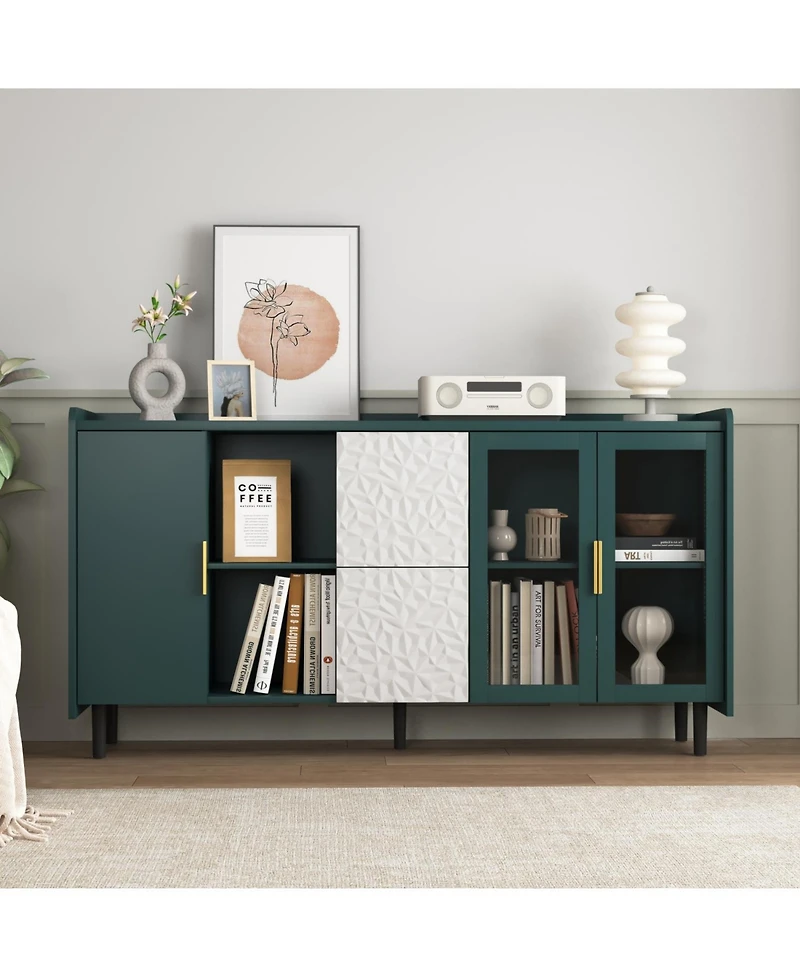 Streamdale Green Kitchen Storage Cabinet with Drawers, Shelves, Glass Doors