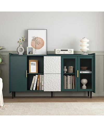 Streamdale Green Kitchen Storage Cabinet with Drawers, Shelves, Glass Doors