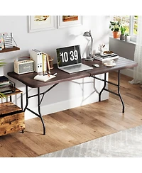 6 Feet Folding Table with Wood Grain Hdpe Tabletop and Safe Lock Mechanism-Brown