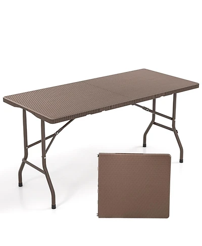 5FT Folding Picnic Table with Rattan Grain Hdpe Tabletop and Sturdy Metal Fame