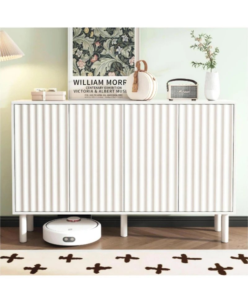 Cream Sideboard with 4 Fluted Doors and 5 Wood Legs
