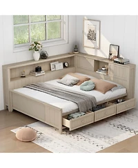 Streamdale Furniture Full Size Wood Daybed with Storage Shelves and 3 Drawers, Antique White Milk