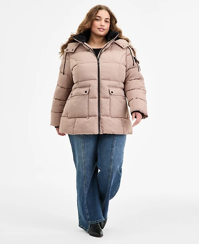 Steve Madden Plus Size Hooded Utility-Pocket Puffer Coat