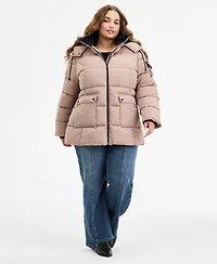 Steve Madden Plus Size Hooded Utility-Pocket Puffer Coat