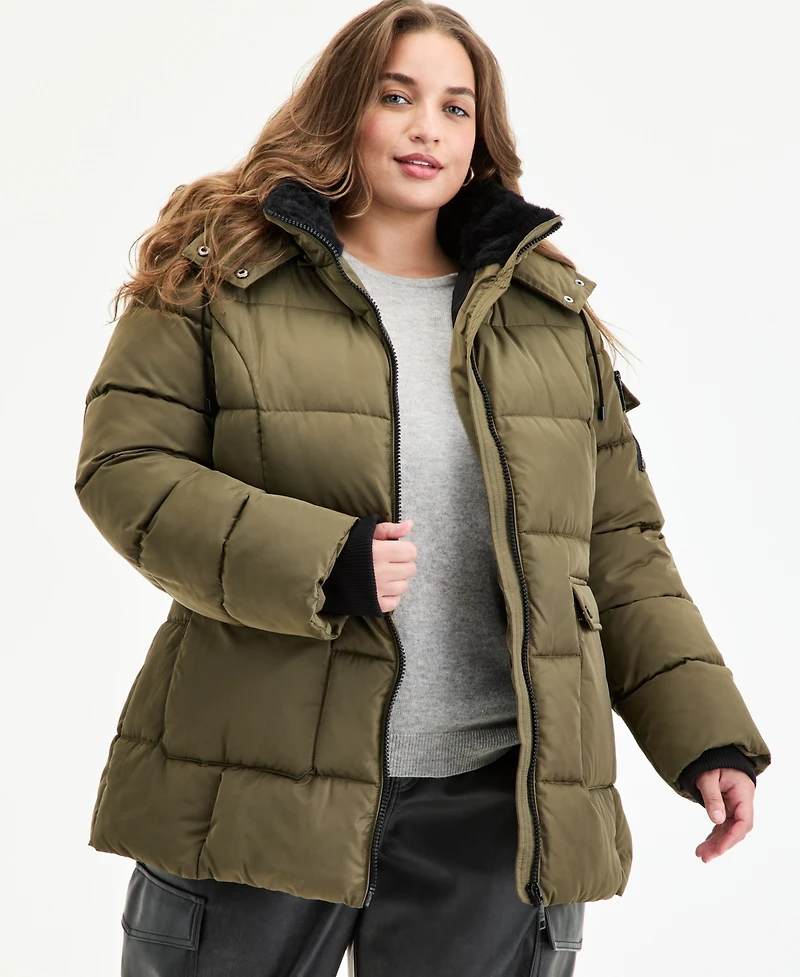 Steve Madden Plus Size Hooded Utility-Pocket Puffer Coat