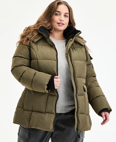 Steve Madden Plus Hooded Utility-Pocket Puffer Coat