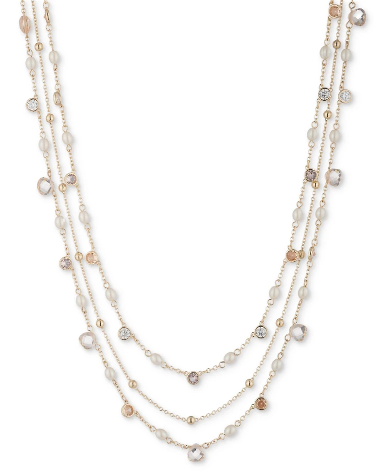 Lauren Ralph Lauren Gold-Tone Silk Bead Three-Row Collar Necklace, 16" + 3" extender
