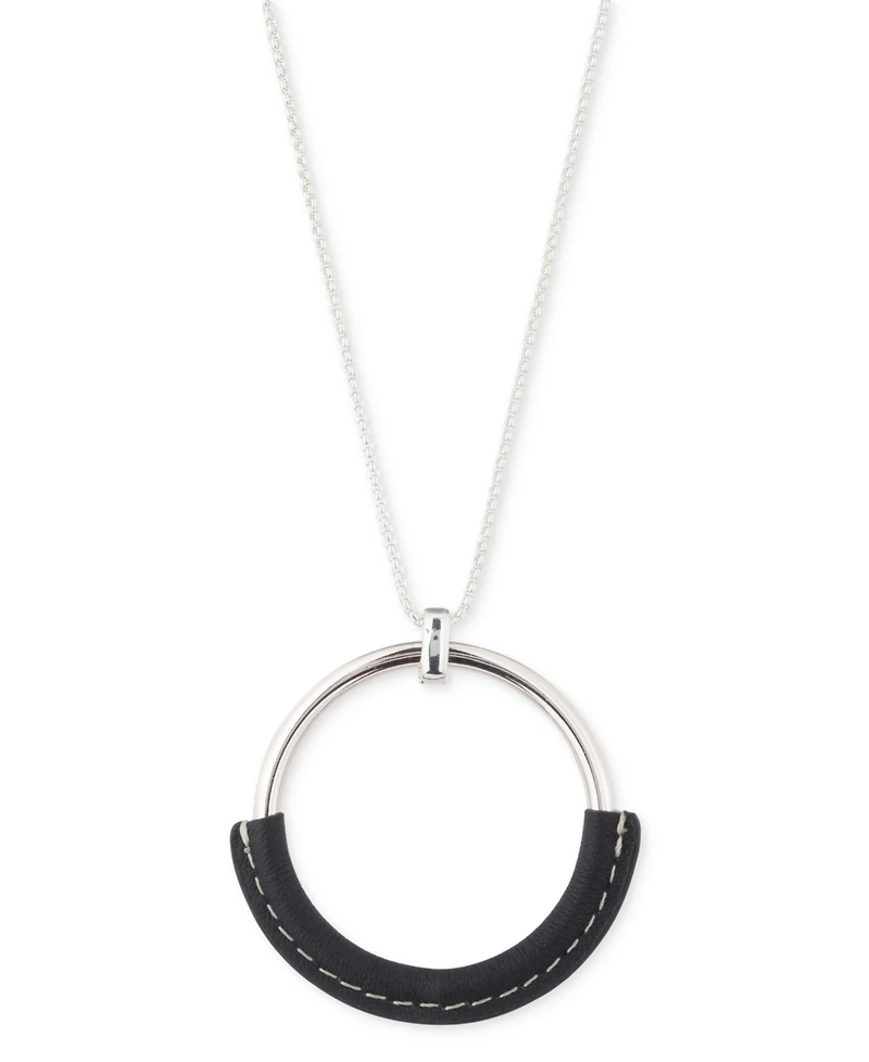 Lauren Ralph Lauren Silver-Tone Black Leather 36" Adjustable Slider Pendant Necklace