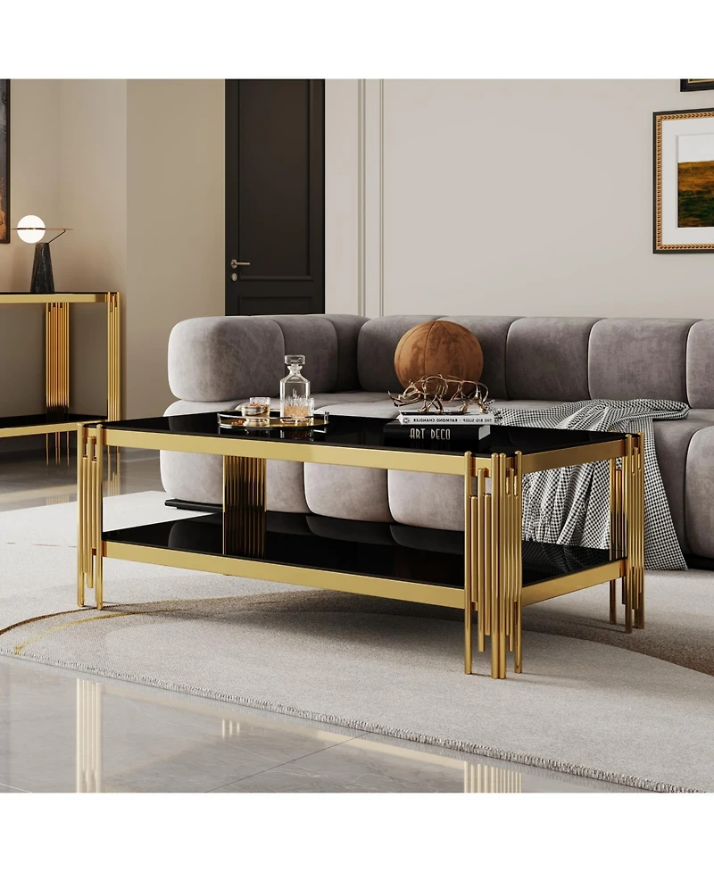 Streamdale Top and Bottom Double Layer Tempered Glass Coffee Table and Mirror Finished Stainless Steel Frame
