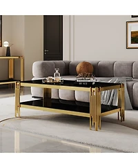 Streamdale Top and Bottom Double Layer Tempered Glass Coffee Table and Mirror Finished Stainless Steel Frame