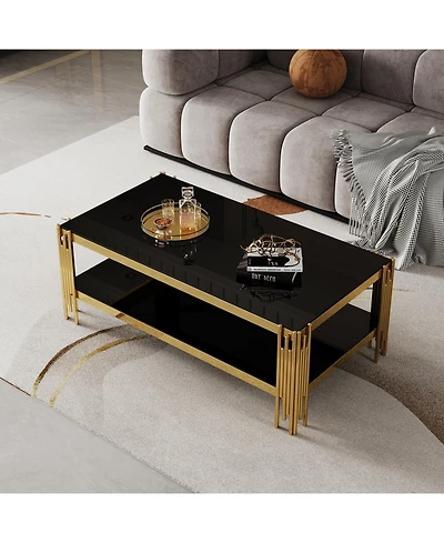 Streamdale Top and Bottom Double Layer Tempered Glass Coffee Table and Mirror Finished Stainless Steel Frame