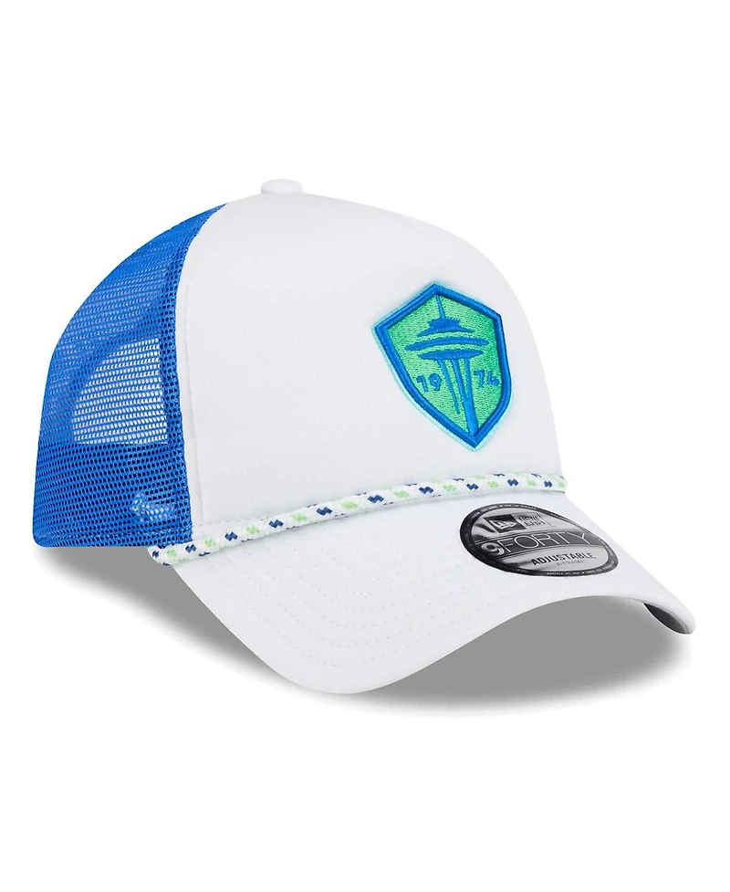 New Era Men's White/Blue Seattle Sounders Fc Court Sport Foam A-Frame 9FORTY Adjustable Trucker Hat