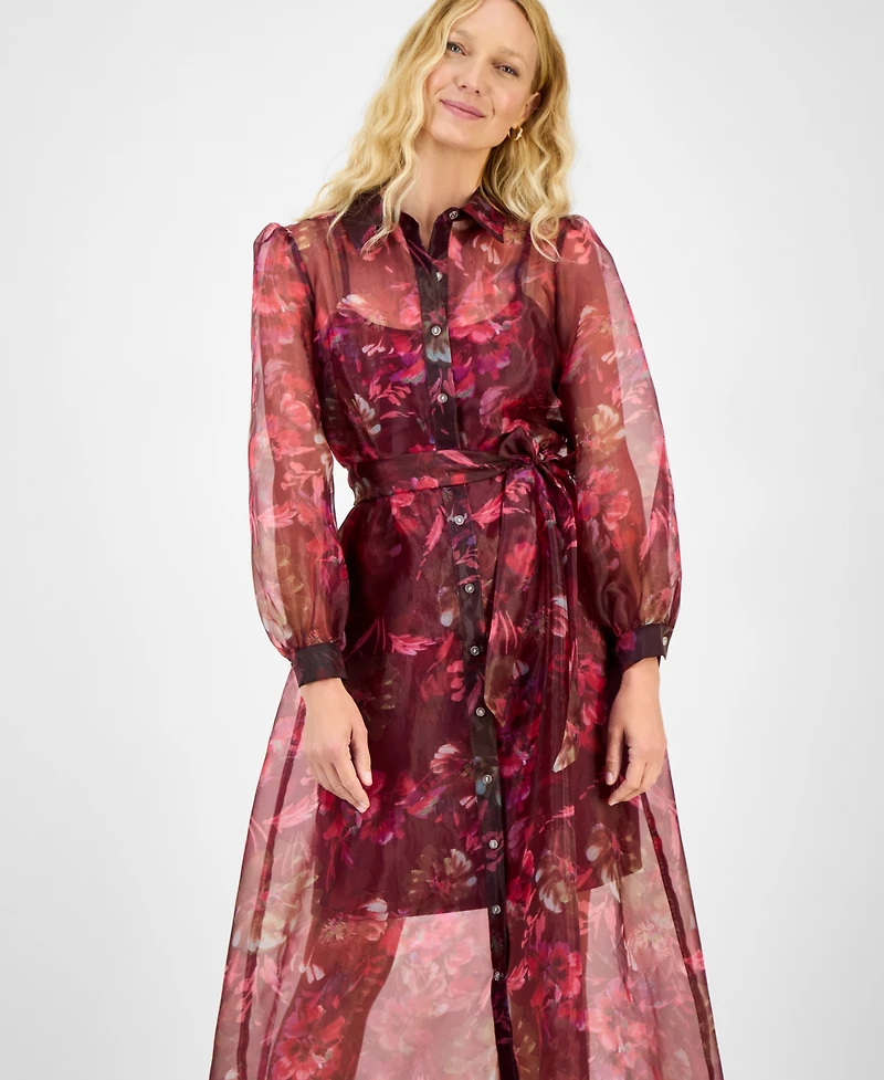 julia jordan Women's Printed Button-Front Long-Sleeve Gown