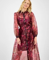 julia jordan Women's Printed Button-Front Long-Sleeve Gown