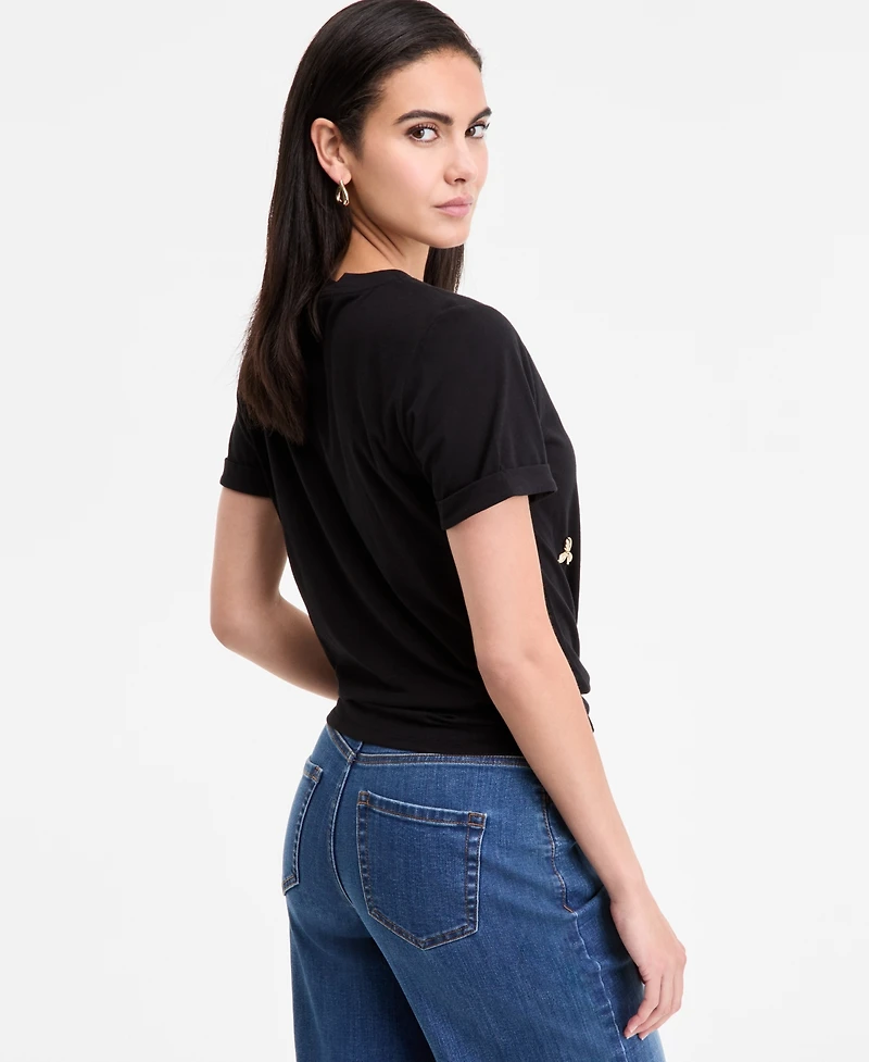 I.n.c. International Concepts Women's Embellished Cotton Tie-Front T-Shirt, Exclusively at Macy's