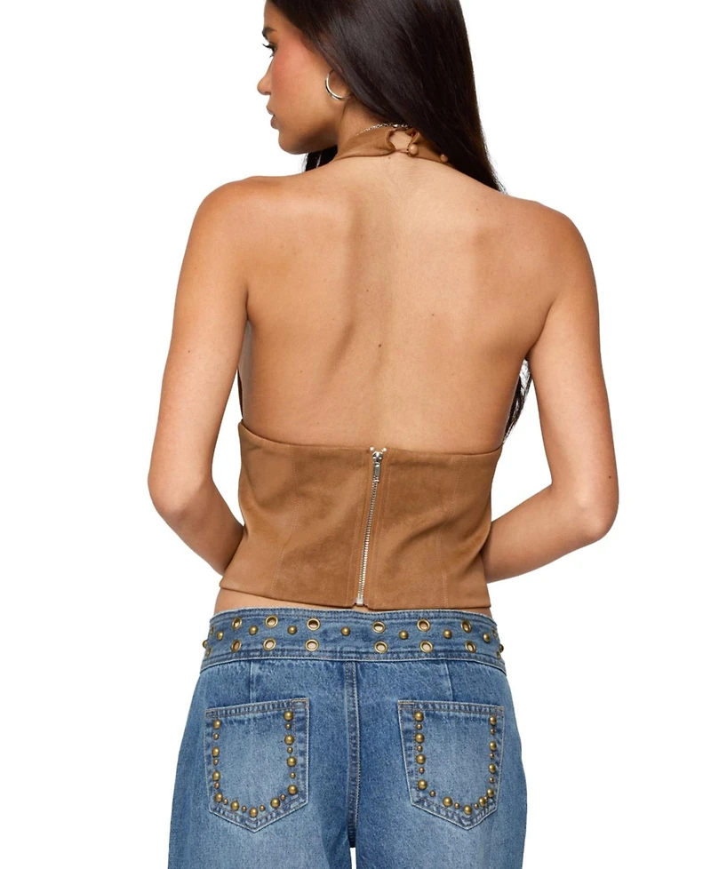Edikted Womens Xaria Studded Faux Suede Halter Top
