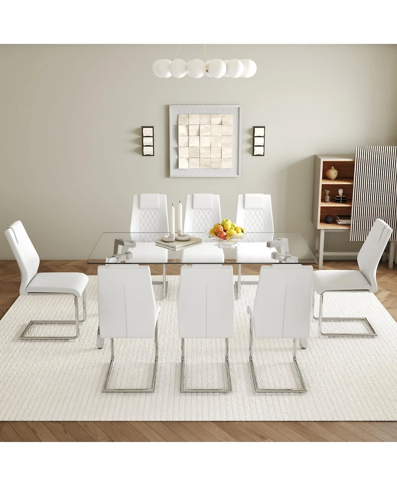 Streamdale 71" Rectangular Glass Dining Table & 8 White Pu Chairs
