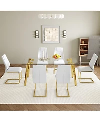 Streamdale Golden Leg Glass Table & 6 White Pu Chairs