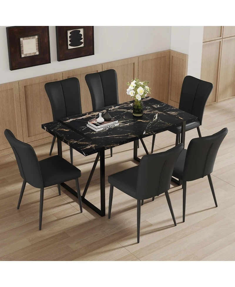 Streamdale Modern Marble Dining Set Table (55"x31.4") + 6 Black Pu Chairs