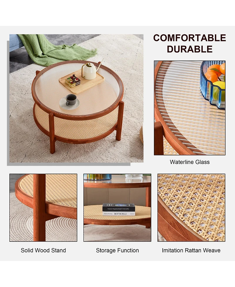 Modern Minimalist Solid Wood Coffee Table with Craft Glass Tabletop