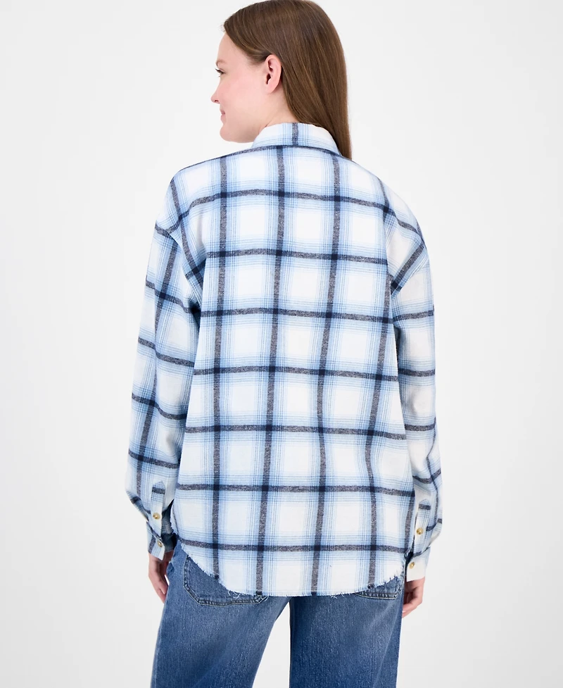 Just Polly Juniors' Girlfriend Frayed-Hem Plaid Shirt