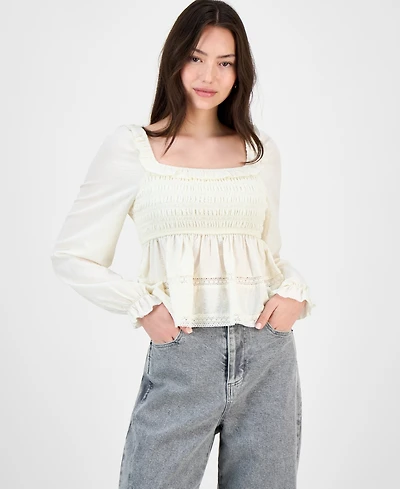 Tinseltown Juniors' Smocked Ruffle-Trim Babydoll Top