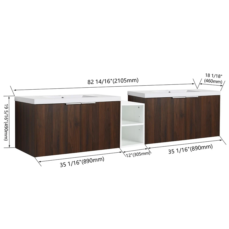 Modern Wall Mounted Vanity with Resin Sink, Storage Shelves, and Soft-Closing Doors