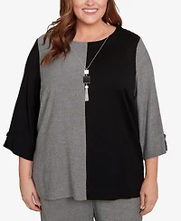 Alfred Dunner Plus Santa Barbara Center Sliced Top with Necklace