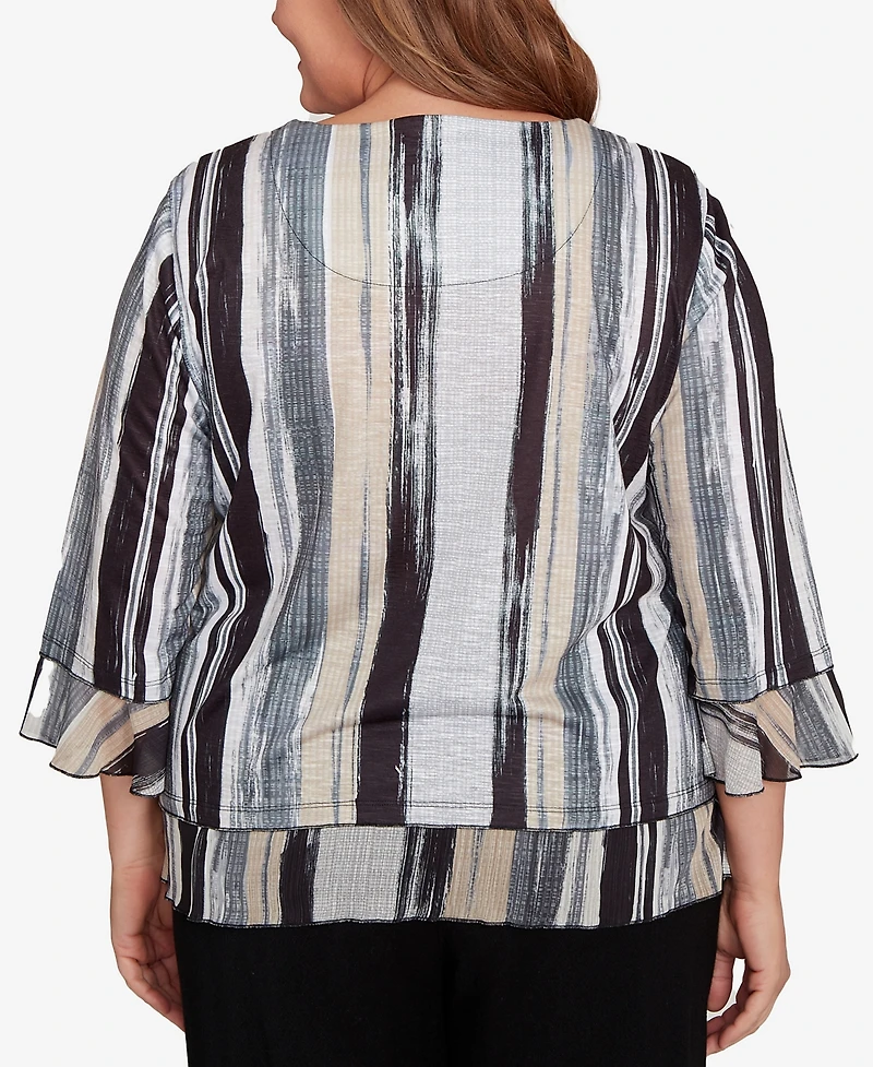 Alfred Dunner Plus Santa Barbara Etched Stripe Bell Sleeve Top